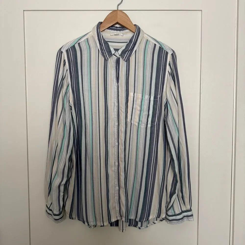 Beach Lunch Lounge Shirt Blouse Womens Sz L Blue Striped Beach Coastal Vacation